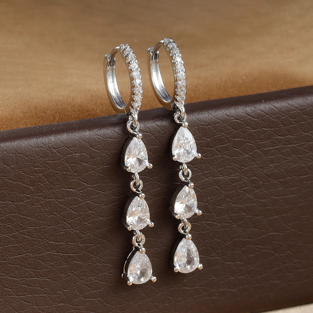 2PCS Luxury Stainless Steel Water Drop Pendant Earrings CZ Zircon
