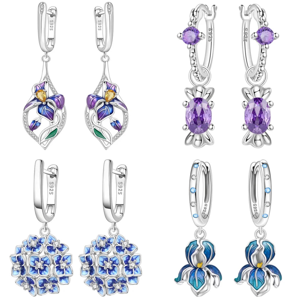 925 Sterling Silver Blue Purple Iris Flower Drop Earrings Trendy Jewellery