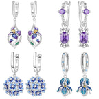 925 Sterling Silver Blue Purple Iris Flower Drop Earrings Trendy Jewellery
