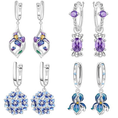 925 Sterling Silver Blue Purple Iris Flower Drop Earrings Trendy Jewellery