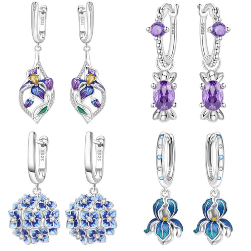 925 Sterling Silver Blue Purple Iris Flower Drop Earrings Trendy Jewellery
