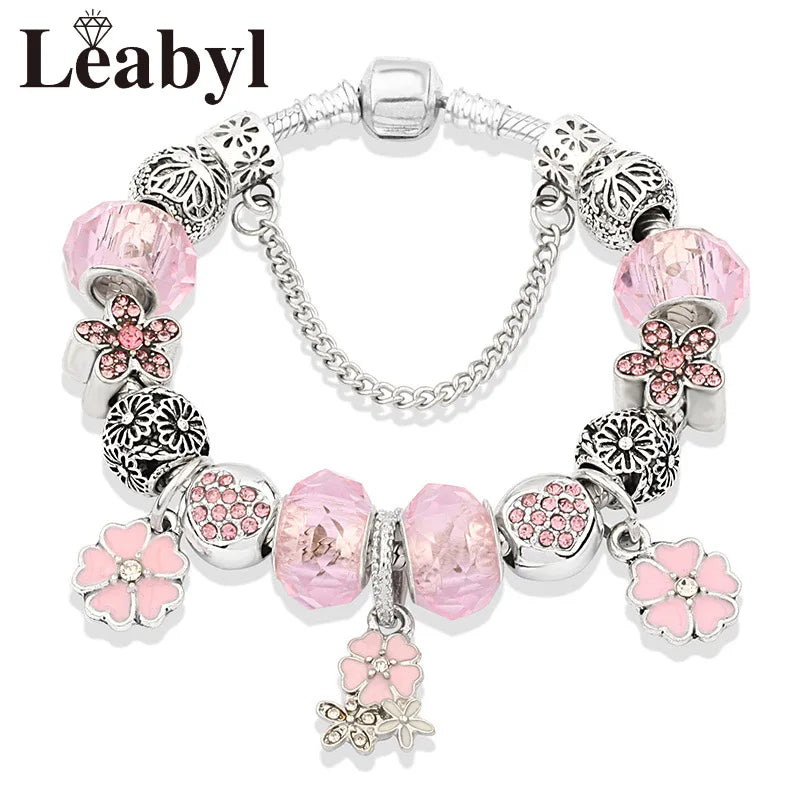 Romantic Pink Heart Charm Bracelet Fine Crystal DIY Bead Bangle Gift