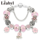 Romantic Pink Heart Charm Bracelet Fine Crystal DIY Bead Bangle Gift