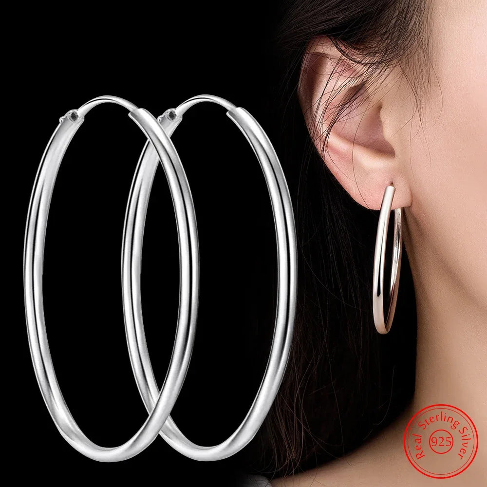 Genuine 925 Sterling Silver Round Hoop Earrings Women New Fashion Jewellery