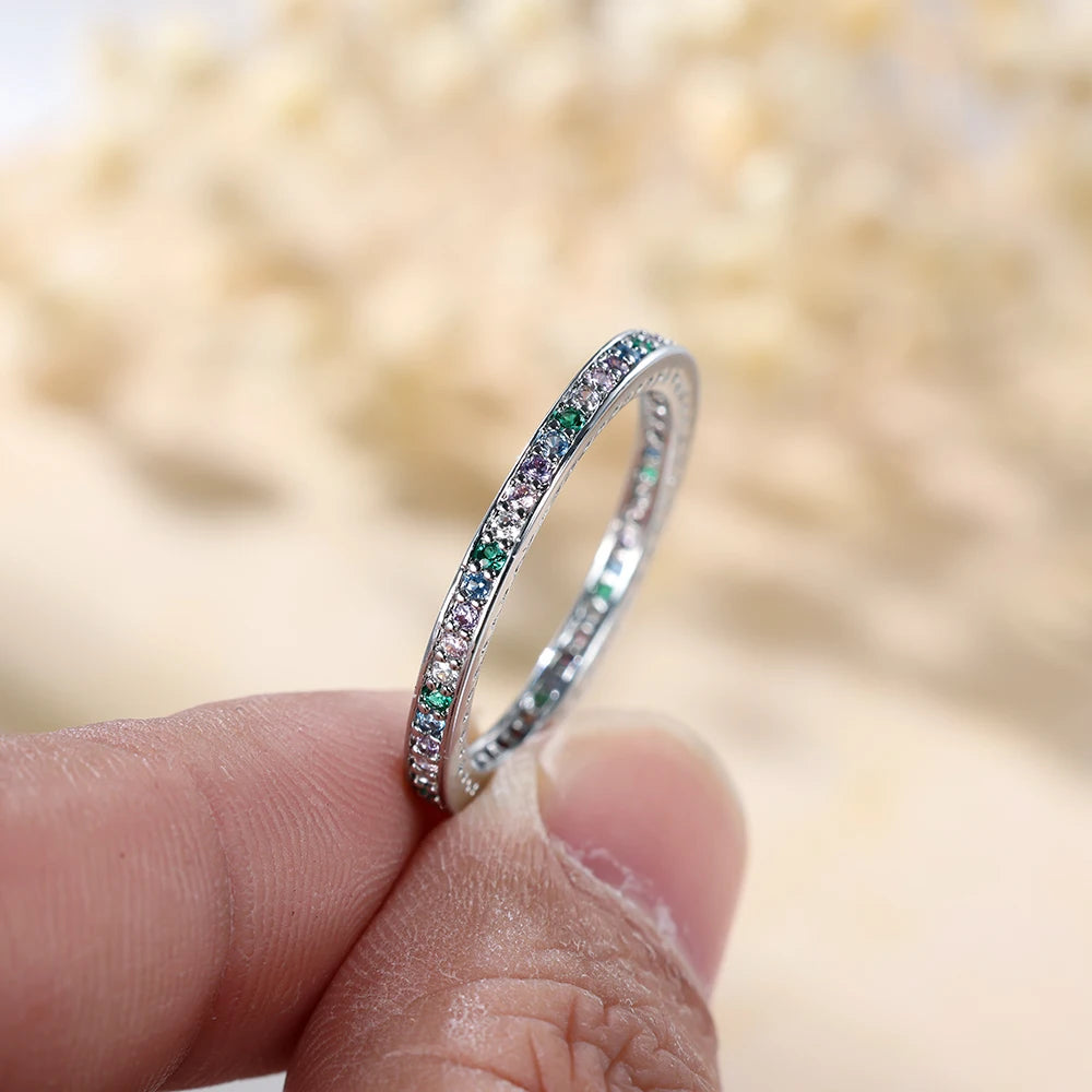 Minimalist Small Rainbow Zircon Stone Thin Rings For Women Silver Color Stacking Wedding Bands Female Daily Party Finger Jewelry