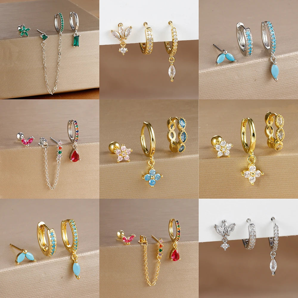 3PCS 9 Styles Gold Plated Geometric Circle Piercing Earrings Set