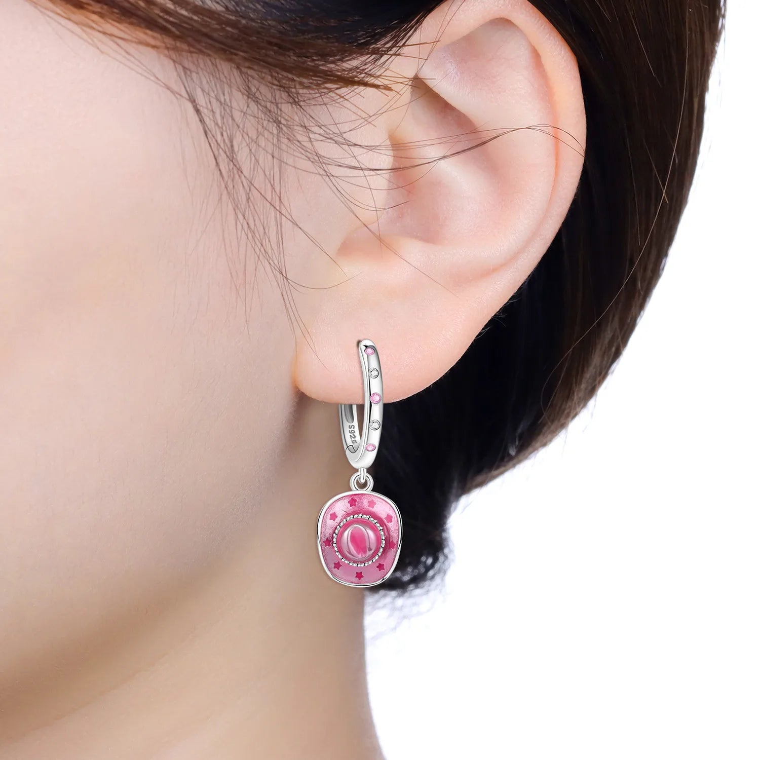 925 Sterling Silver Pink Denim Hat Boots Key Lock Drop Earrings Jewellery