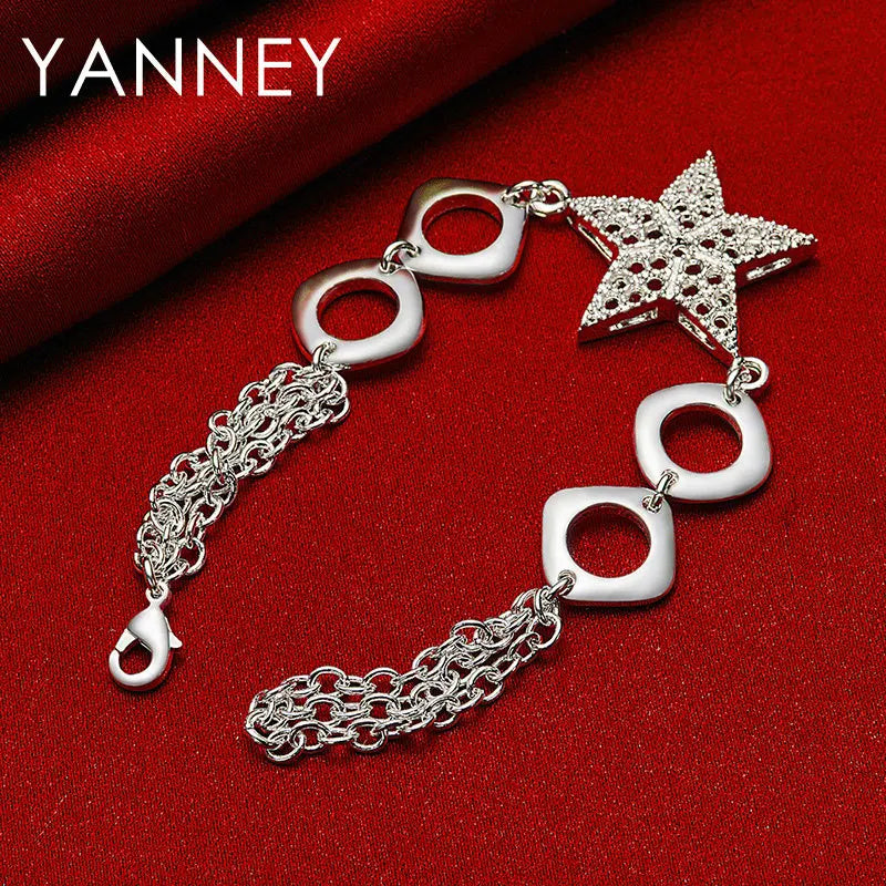 925 Sterling Silver 8-inch Star Square Bracelet Women Wedding Jewellery Gift
