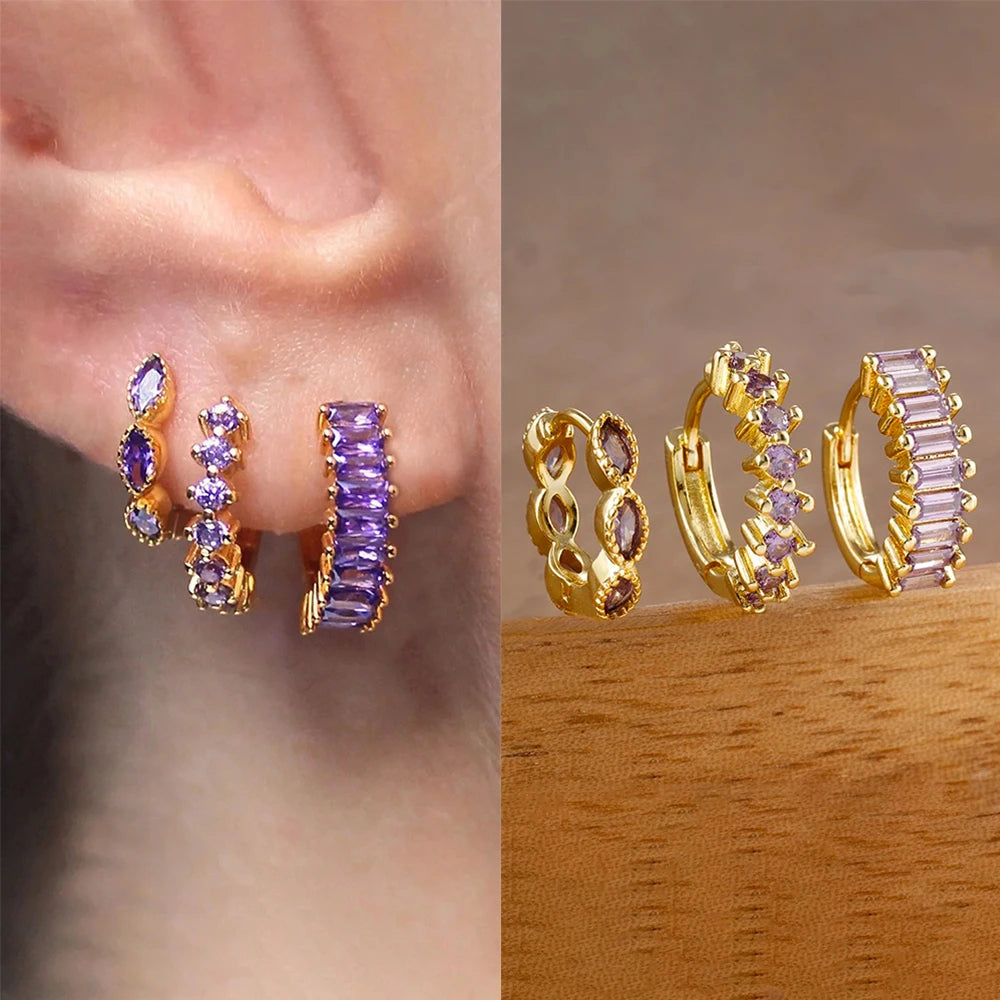 3PCS Stainless Steel Horse Eye Zircon Round Small Hoop Earrings Set