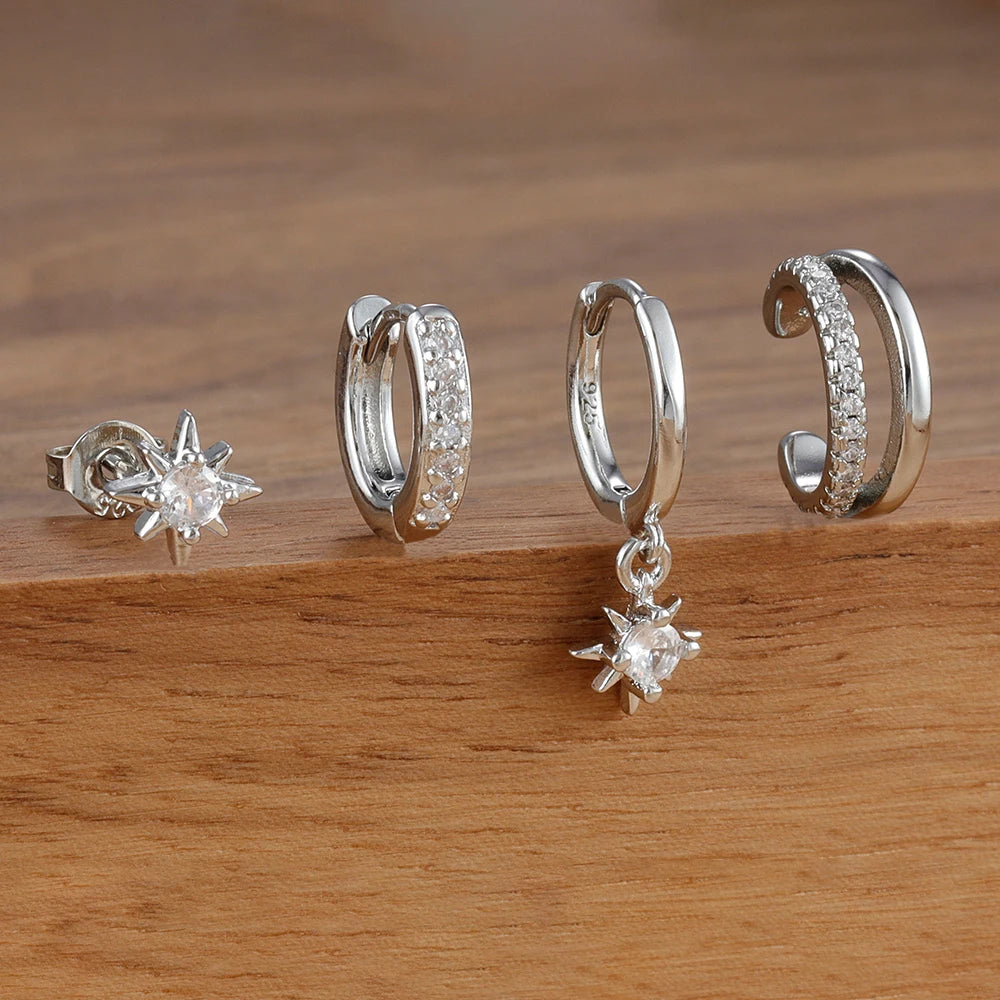 4pcs Stainless Steel Cubic Zirconia Star Dangle Earring Set Clips