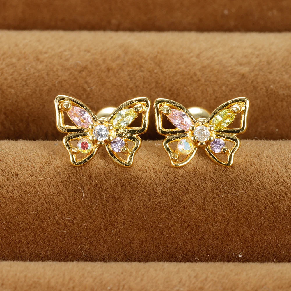 Vintage Gold Plated Stainless Steel Butterfly Studs Snowflake Zircon