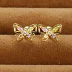 Vintage Gold Plated Stainless Steel Butterfly Studs Snowflake Zircon