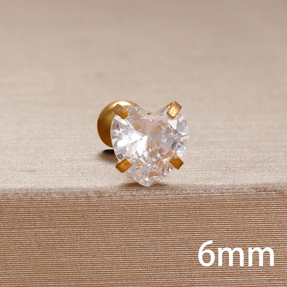 Korean Sweet Stainless Steel Zircon Heart Stud Earrings 3-6mm