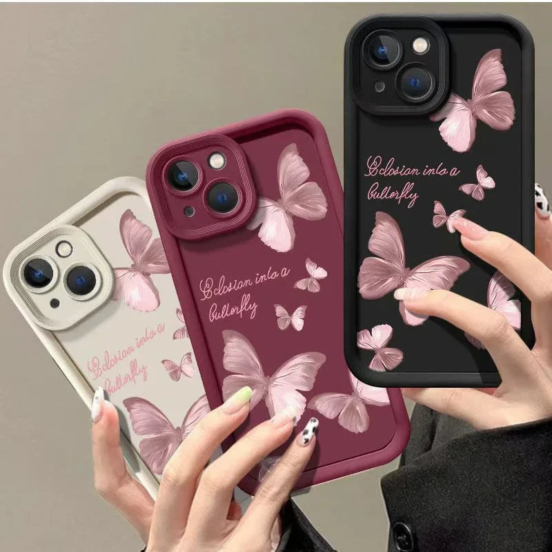 Pink Butterfly Silicone Case for iPhone 17 16 15 14 13 12 11 Pro Max Plus