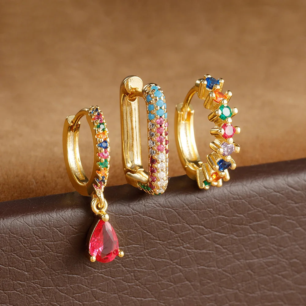 3PCS Stainless Steel Horse Eye Zircon Round Small Hoop Earrings Set