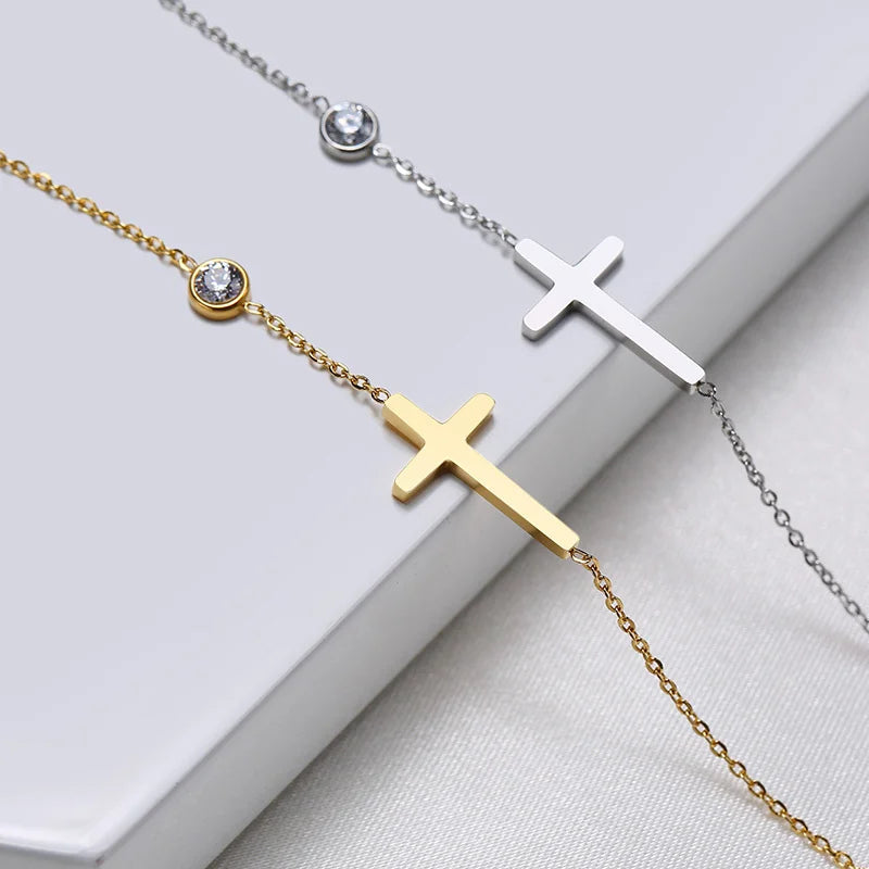 Birthstone Zirconia Thin Chain Link Cross Bracelet Stainless Steel Women's Adjustable Link Stacked Layered Chain Bracelets