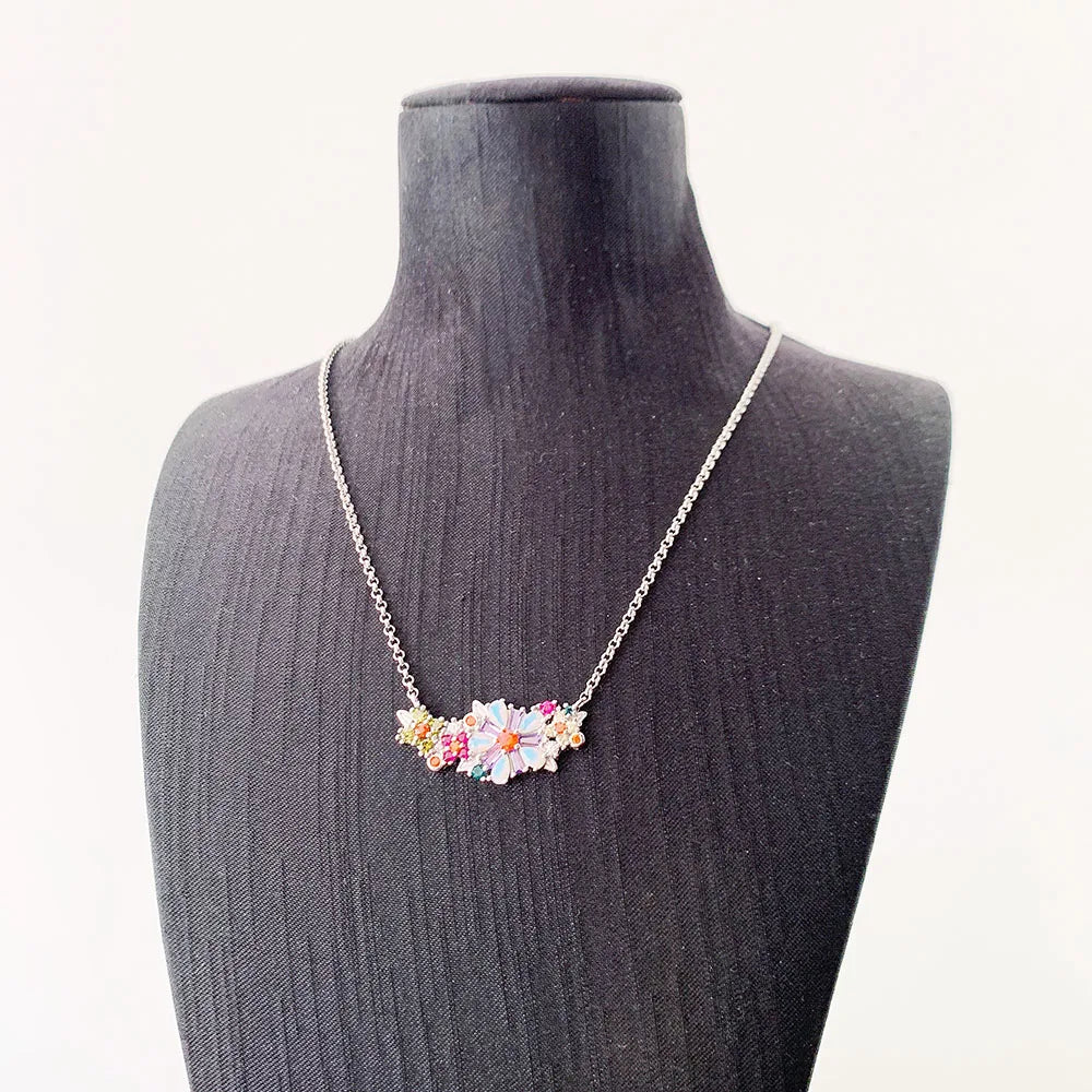 Flowers Colourful Stones Necklace Link Chain 925 Sterling Silver Jewellery
