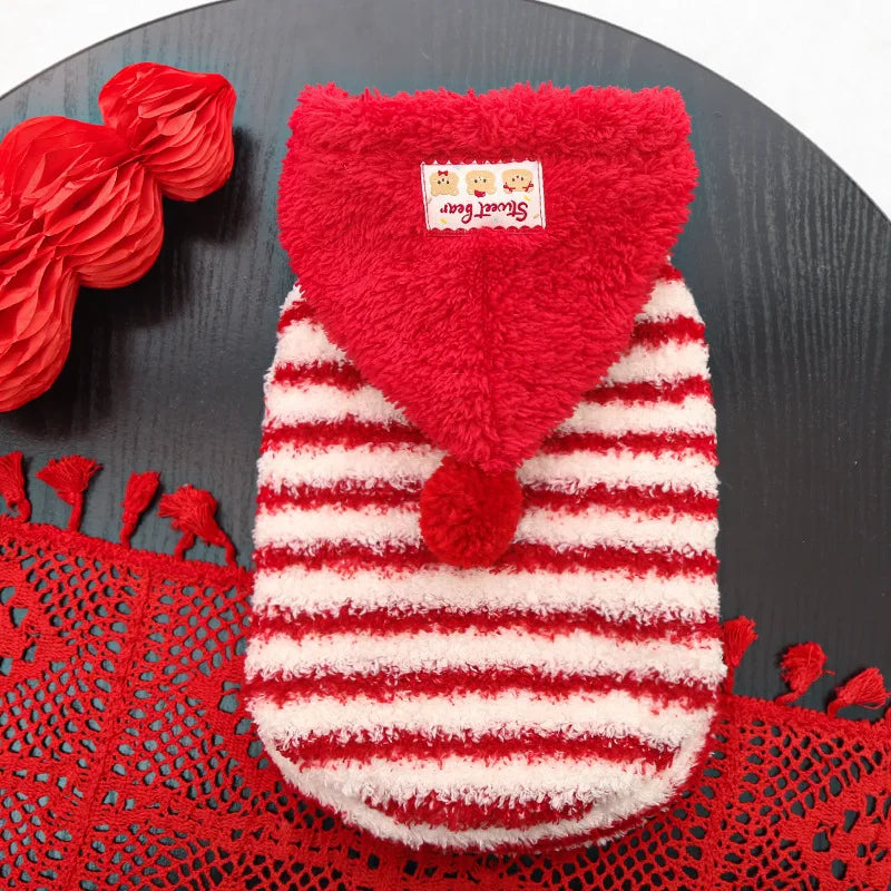 Instagrammable Pet Hoodie, Red Striped Dog Cat Vest, Cute Matching Outfit for Daily Fashion, Cozy Knit Wear with Hood for Puppy