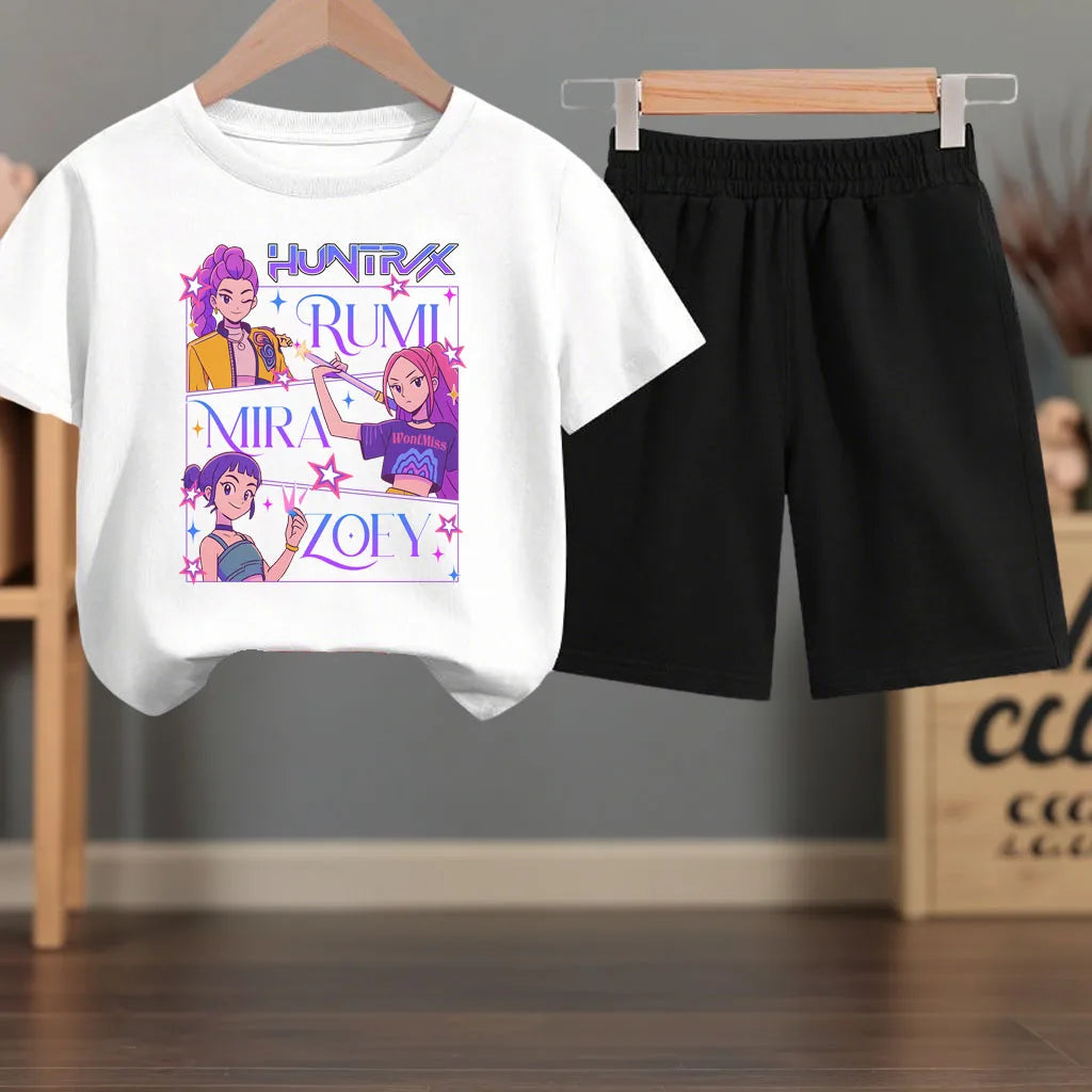K-pop Girls Summer Casual T-Shirt and Shorts 2-Piece Fashion Outfit