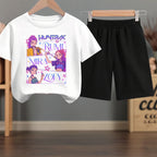 K-pop Girls Summer Casual T-Shirt and Shorts 2-Piece Fashion Outfit
