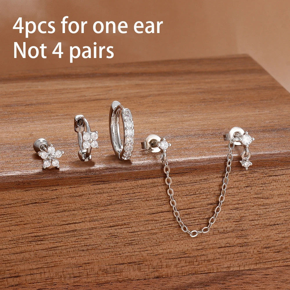 4PCS French Design Tassel Chain Pendant Hoop Earrings Set Zircon Stud