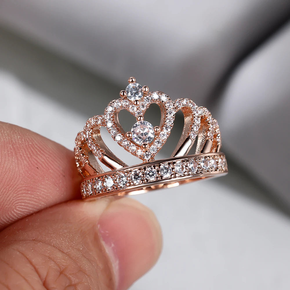 Classic Heart Crown Rings For Women Rose Gold Silver Color Inlay White Zircon Promise Engagement Wedding Bands Mothers Day Gifts
