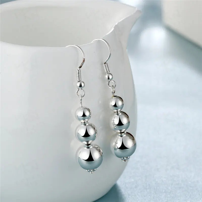 925 Sterling Silver 45mm Smooth Beads Earrings Women Fashion Wedding Gift