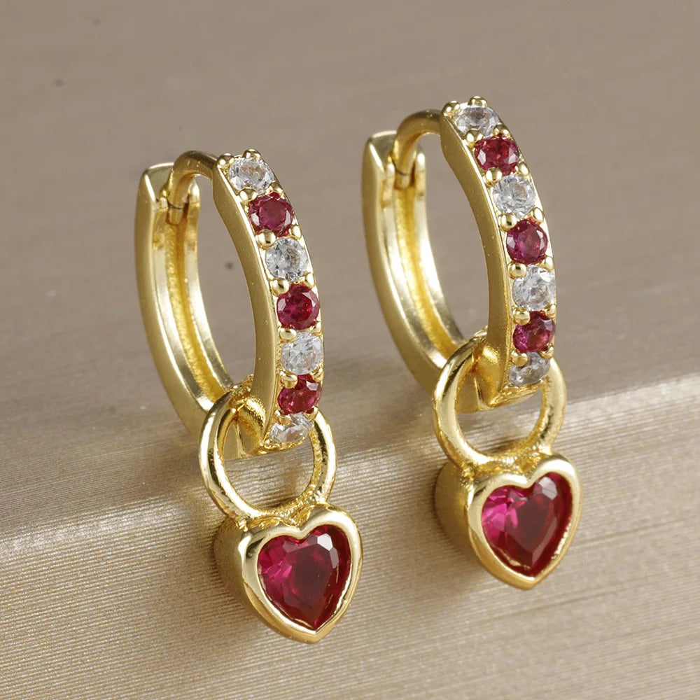 2PCS Luxury Colourful Heart Pendant Earrings Multicolor Zircon Hoops