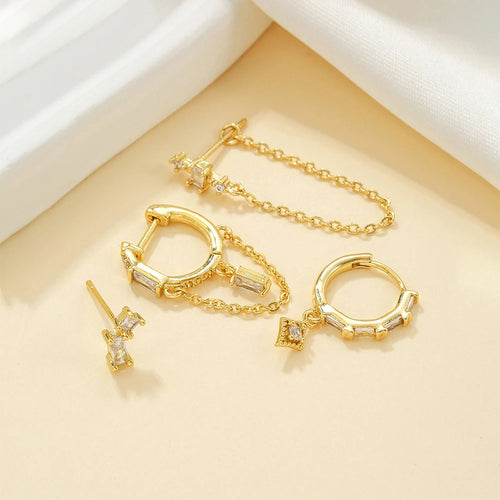 2PCS Gold Colour Long Chain Square Zircon Drop Earrings Rectangle