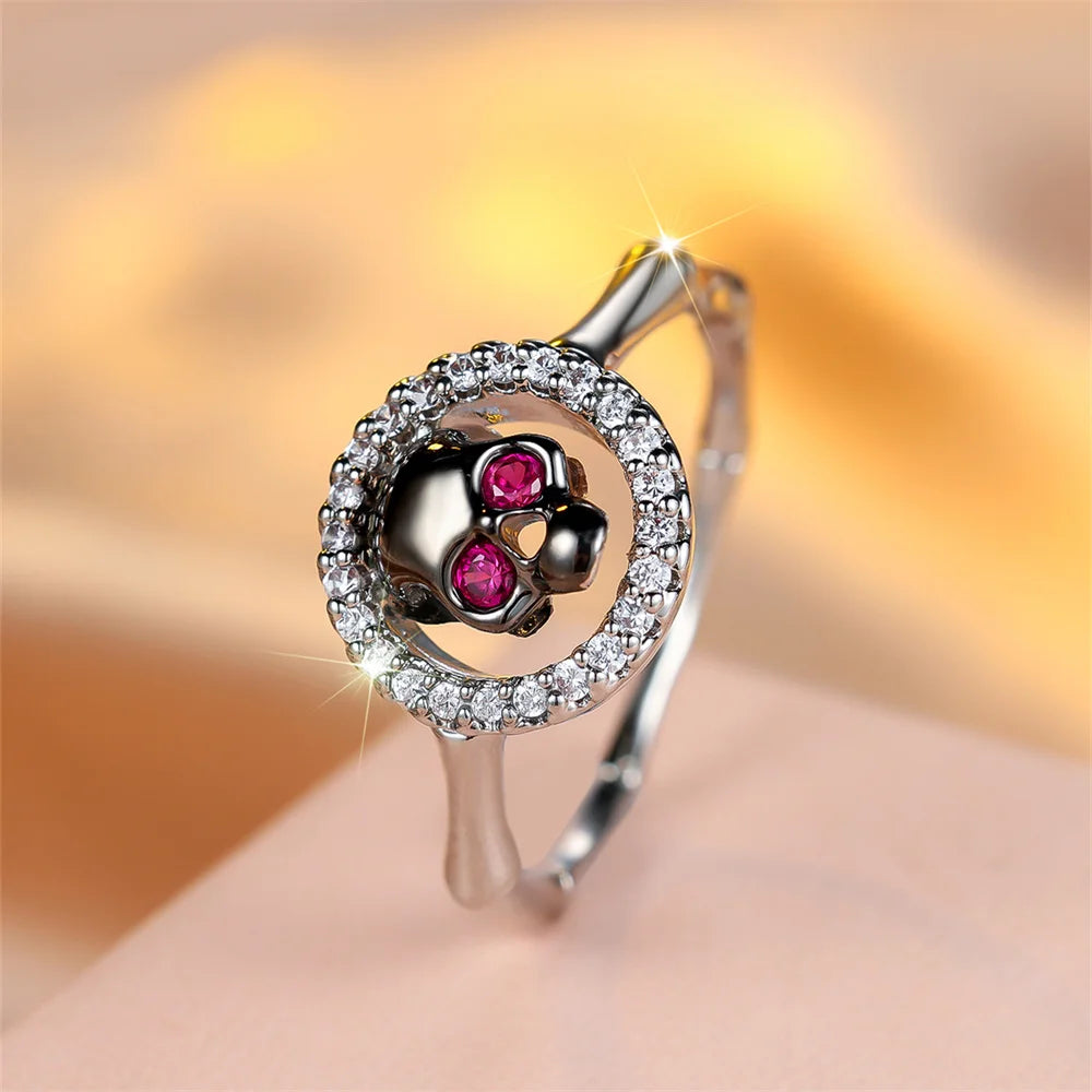 Luxury Crystal Rose Red Zircon Skull Rings For Women White Zircon Wedding Band Engagment Jewelry Halloween Gift