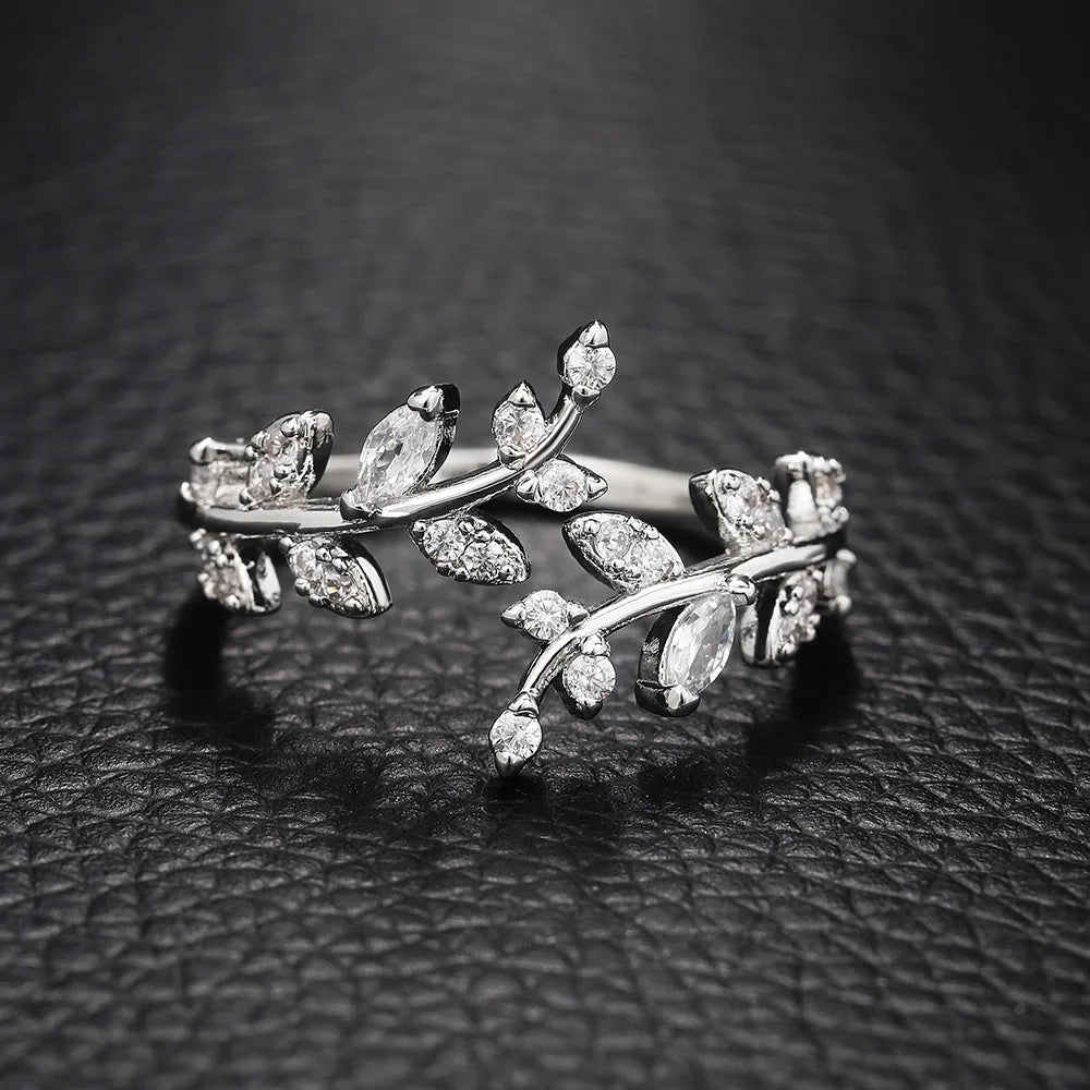 925 Sterling Silver Fashion Zircon Leaf Adjustable Ring Stylish Fine Jewellery Hot Sales