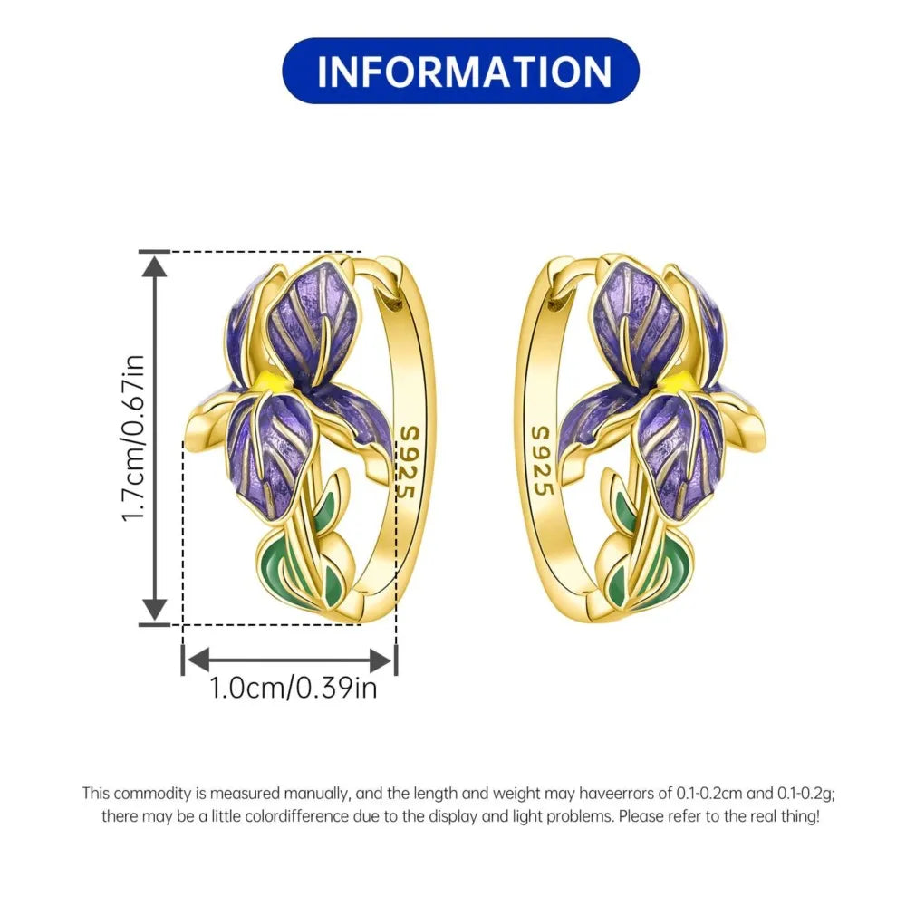 925 Sterling Silver Iris Flower Versatile Hoop Earrings Original Party Gift