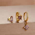 3pcs Purple Cubic Zirconia Piercing Earring Set Stainless Steel