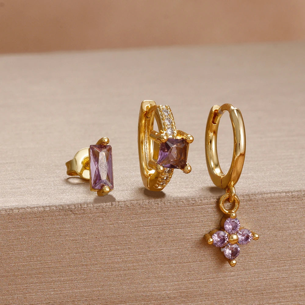 3pcs Purple Cubic Zirconia Piercing Earring Set Stainless Steel