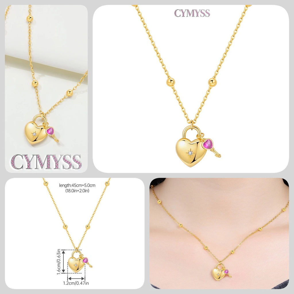 Original 925 Sterling Silver 18K Gold Heart Lock and Key Necklace Y-shaped Chain Necklace For Women Memorial Prayer Jewelry Gift