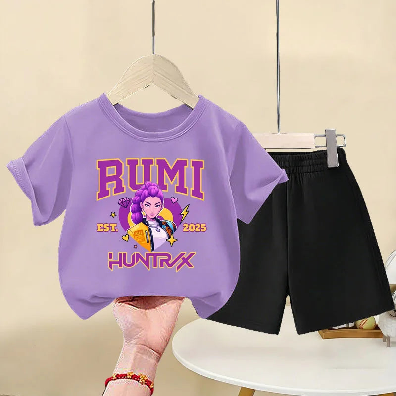 K-pop Girls Summer Casual Outfit Short Sleeve Top and Elastic Waist Shorts