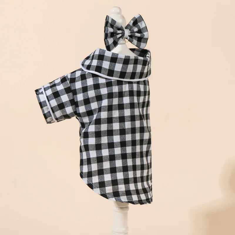 Grid Pattern Cat Dog Pajamas Set Soft Sleepsuit with Flower Headband