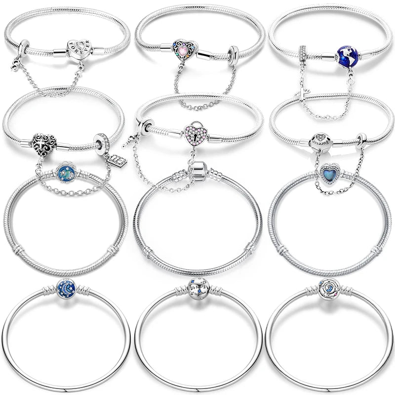 925 Sterling Silver Forever Love Peach Heart Bracelets Star Moon Airplane Earth Bracelets For Women Fit DIY Charms Party Jewelry