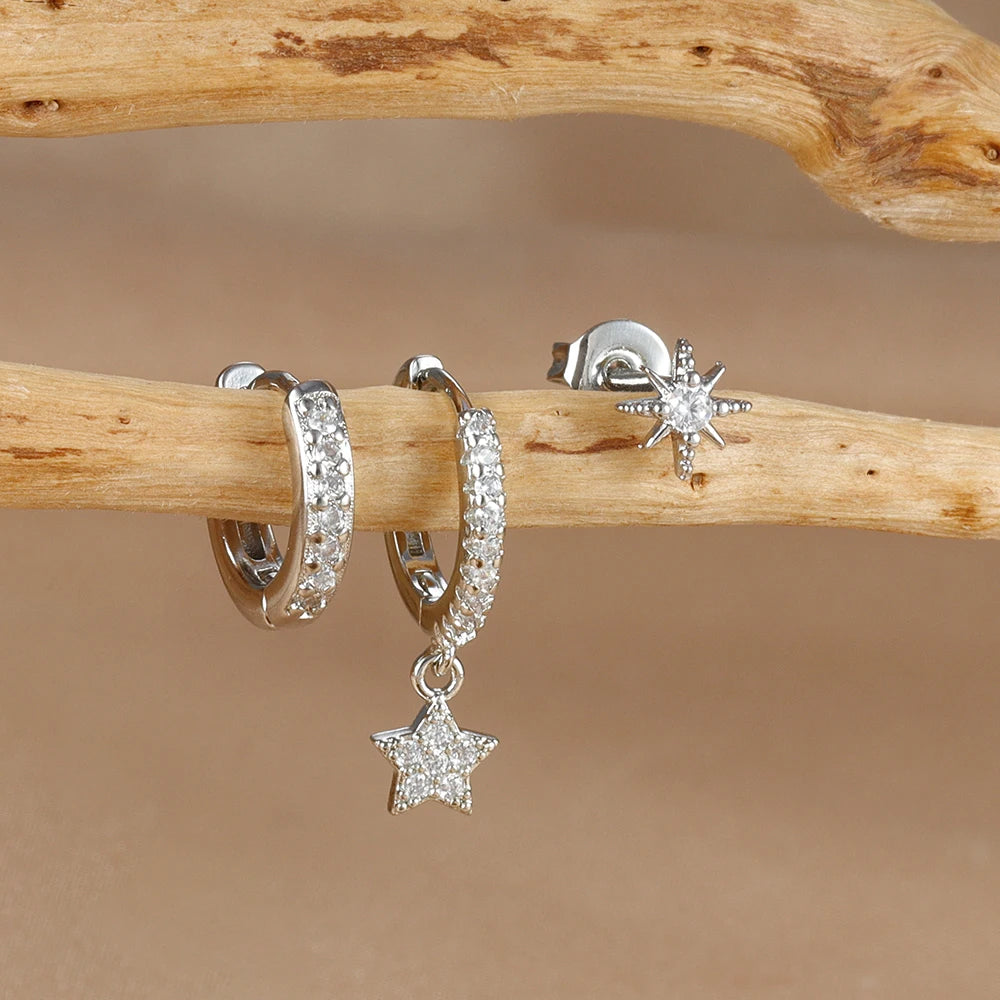 3PCS Gold Silver Star Moon Hanging Earrings Set Stainless Steel