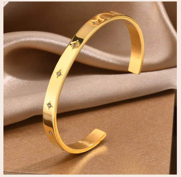 Open Adjustable Star Starburst Cuff Bangle Bracelet for Women Stainless Steel Cubic Zirconia Inlay Charm Layered Jewelry