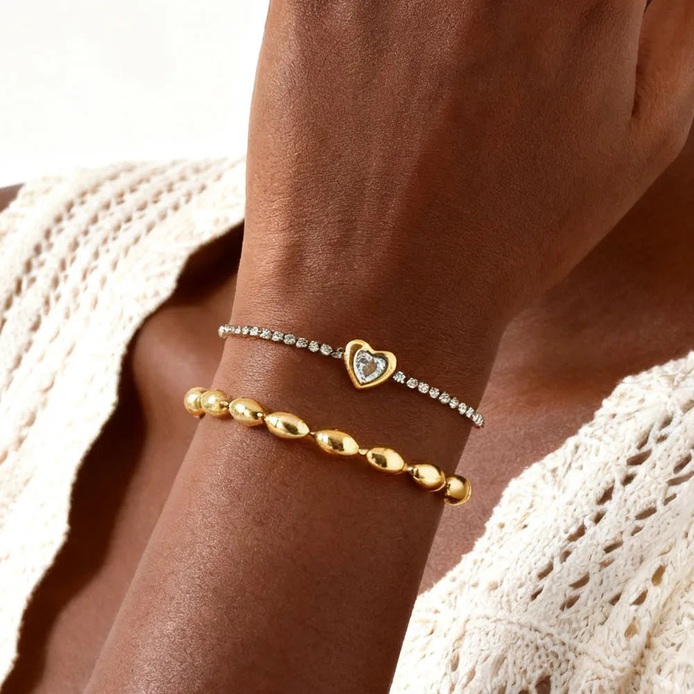 Stainless Steel Heart-shaped Rhinestone Bracelet for Women, Oval Beaded Bracelet Layered Waterproof Hand Wristband