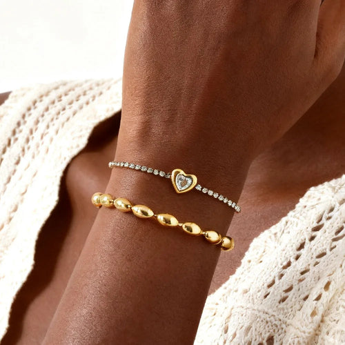 Stainless Steel Heart-shaped Rhinestone Bracelet for Women, Oval Beaded Bracelet Layered Waterproof Hand Wristband