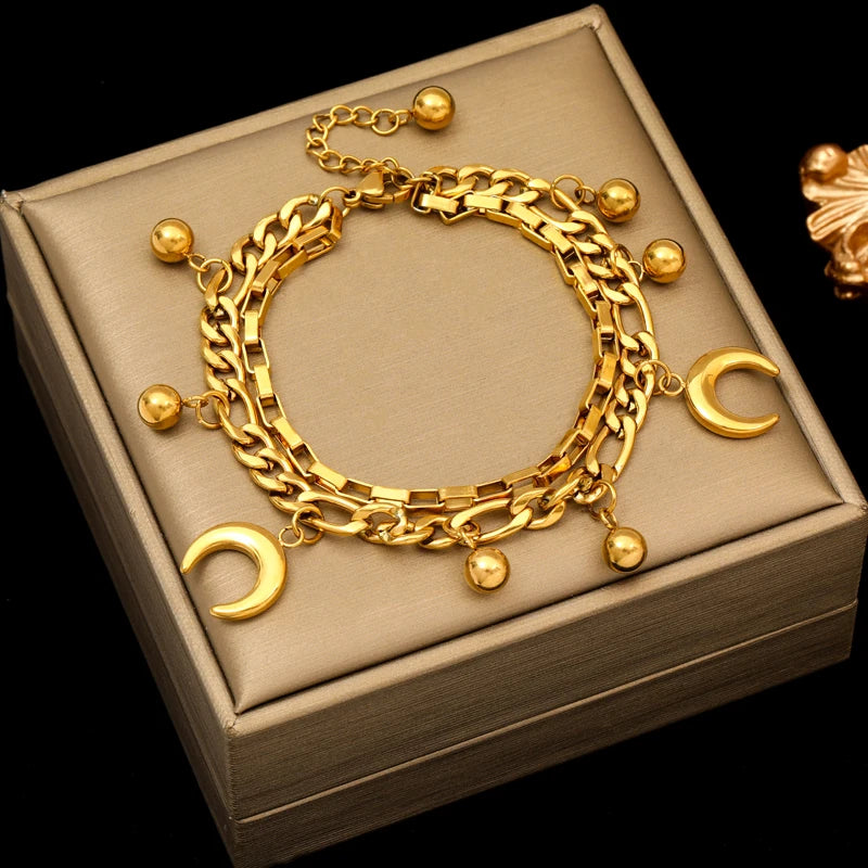 Stainless Steel Coins Heart Charm Bracelet Gold Silver Colour Wrist Chain