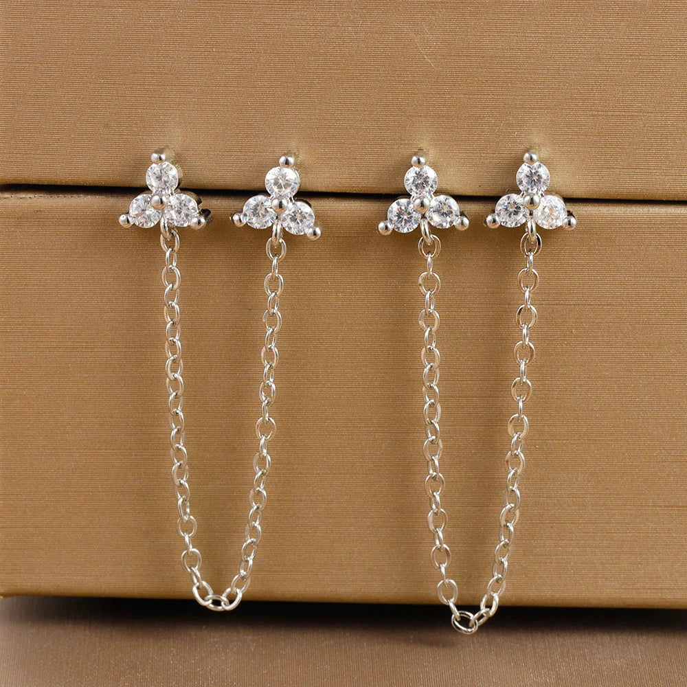 New Stainless Steel Cubic Zirconia Link Chain Ear Studs Triangle