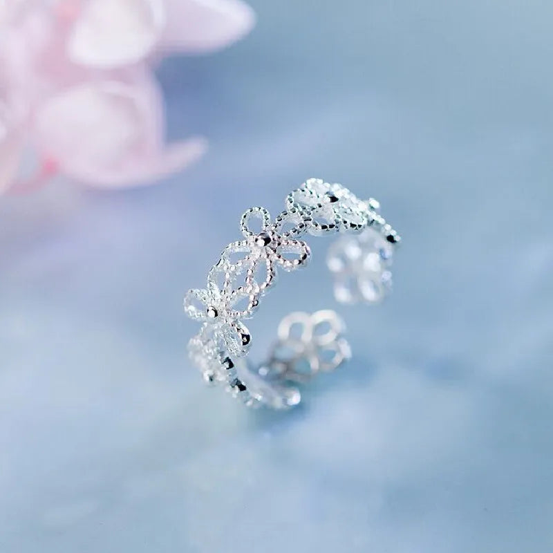 925 Sterling Silver Hollow Flower Adjustable Ring Engagement Ladies Vintage Luxury Jewellery