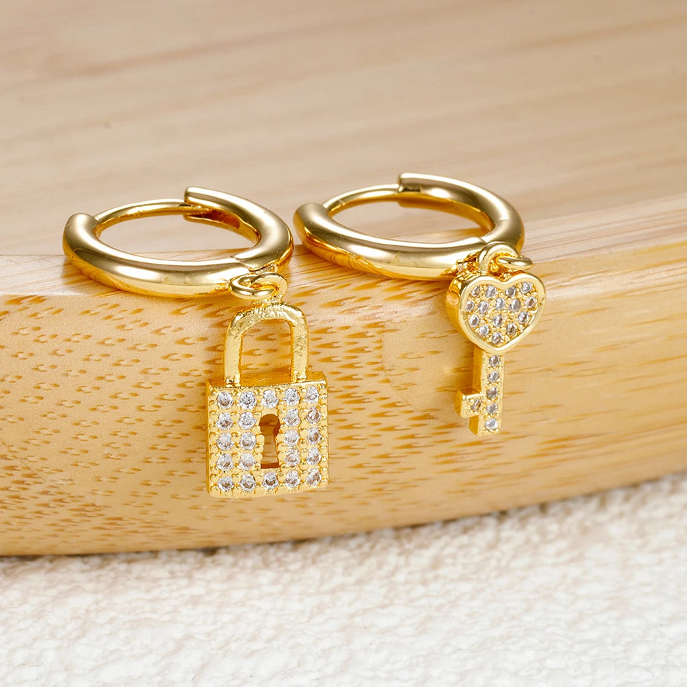 Luxury Zircon Key Lock Asymmetric Hoop Earrings Gold Plated Steel