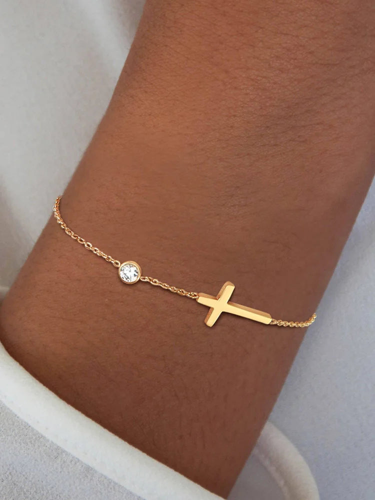Birthstone Zirconia Thin Chain Link Cross Bracelet Stainless Steel Women's Adjustable Link Stacked Layered Chain Bracelets