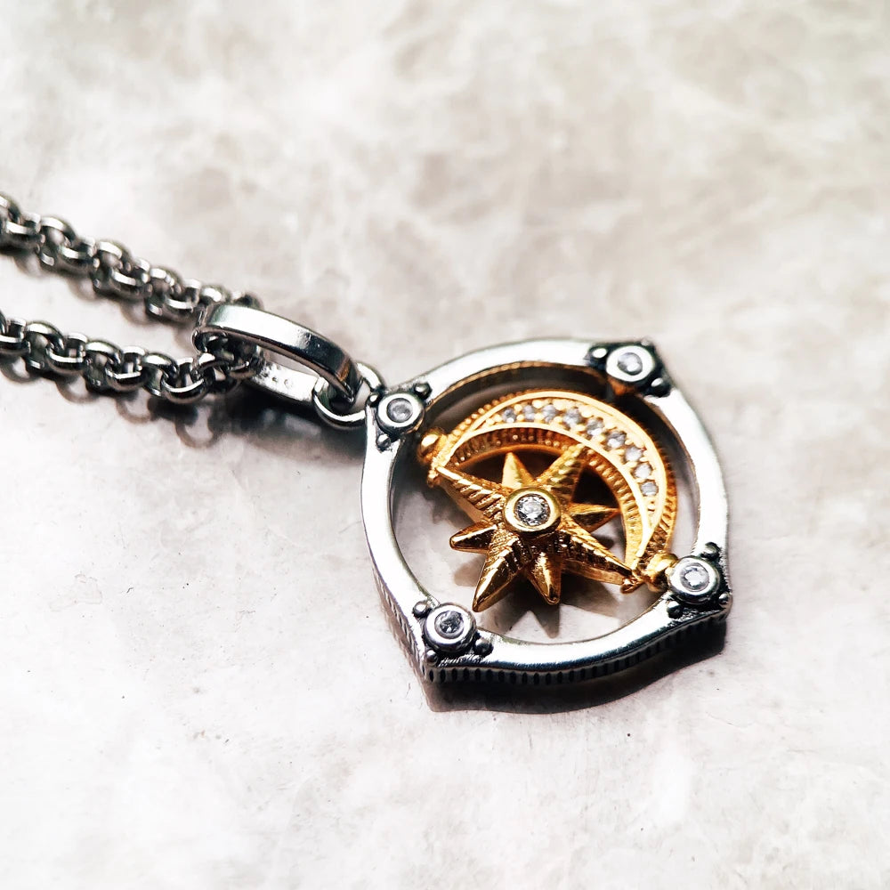 Star & Moon Golden Pendant Necklace 925 Sterling Silver Lucky Jewellery Gift