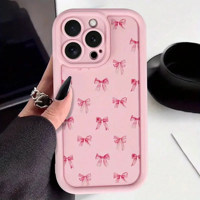 Gentle Pink Bow Soft Case for iPhone 16 17 15 14 13 12 11 Pro Max Plus SE