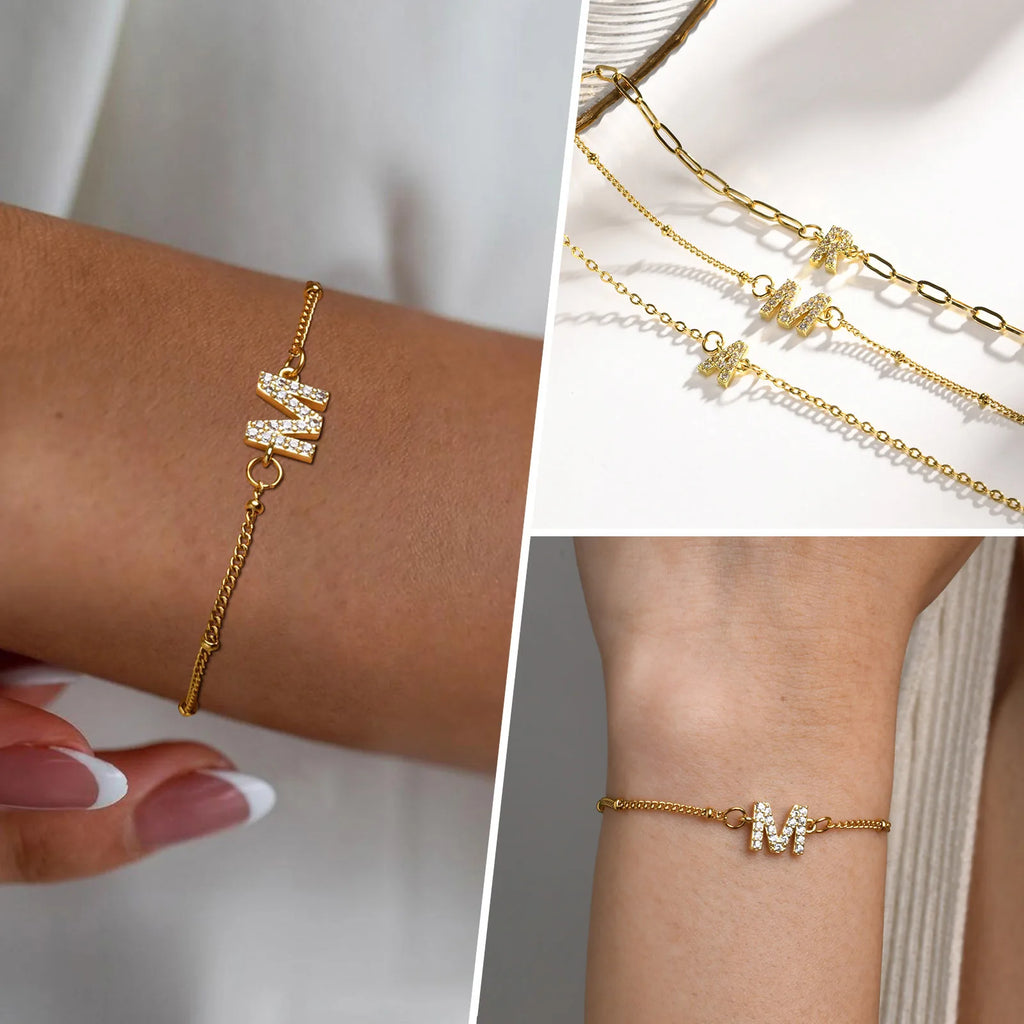 Charms Pave Initial Letter Bracelet, Paperclip Satellite Chain Stainless Steel Gold Plated, Handmade Jewelry for Women
